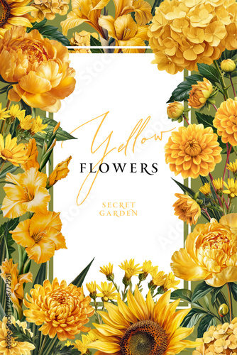 Vintage vector illustration with yellow flowers on a changeable background. Floral design template for wedding invitation, greeting card, notebook cover, flyer or banner.