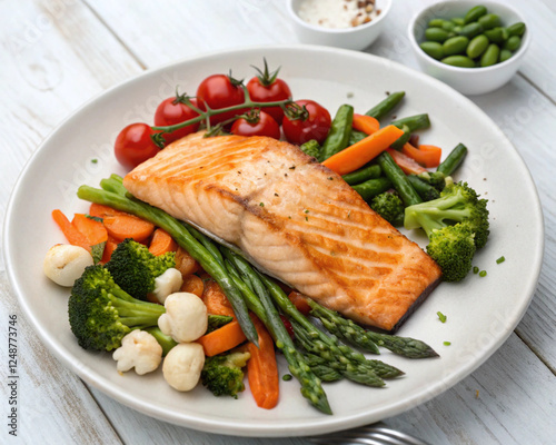 Roasted salmon steak with asparagos broccoli carrot tomatoes radish green beans and peas. Fish meal with fresh vegetable photo