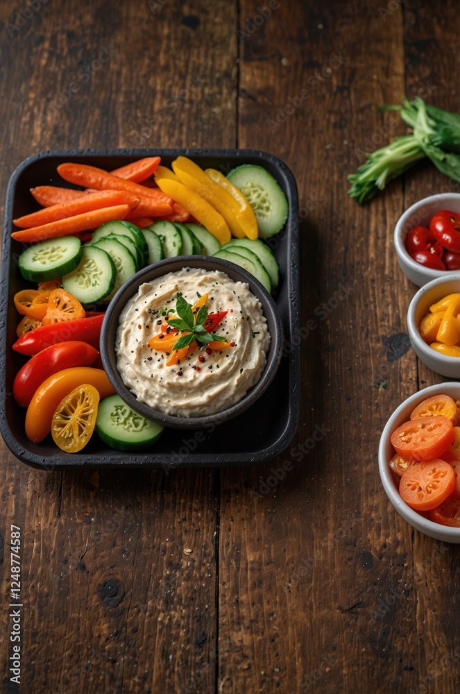 Colorful veggie platter featuring a creamy dip surrounded by fresh cut cucumbers, carrots and peppers. Colorful veggie platter featuring a creamy dip surrounded by fresh cut cucumbers, carrots and peppers.