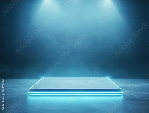 A modern, illuminated platform in a foggy environment, perfect for showcasing products or presentations with a futuristic touch. podium concept of digital tech blue light background.