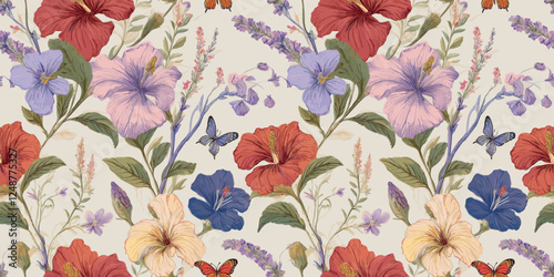 a floral pattern with hibiscus, carnations, and butterflies on a light background, likely intended for wallpaper or fabric design.