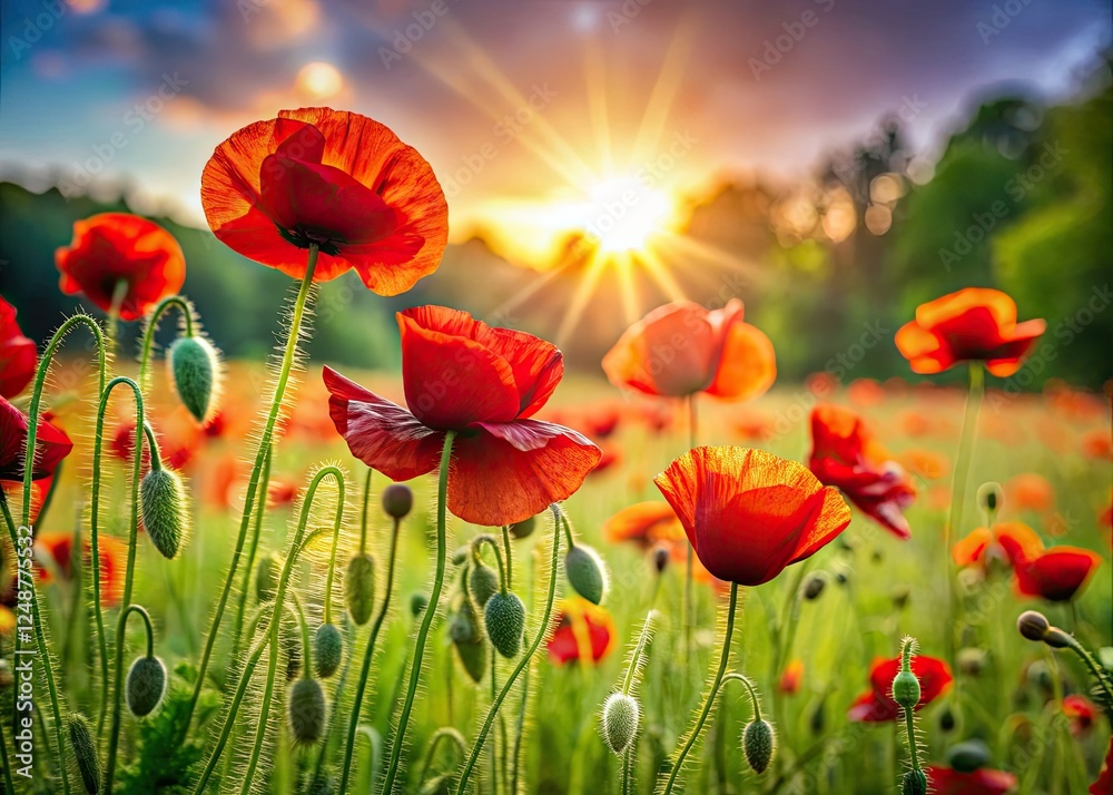 Obraz premium A vibrant red poppy meadow explodes with springtime blooms, a photographer's dream.