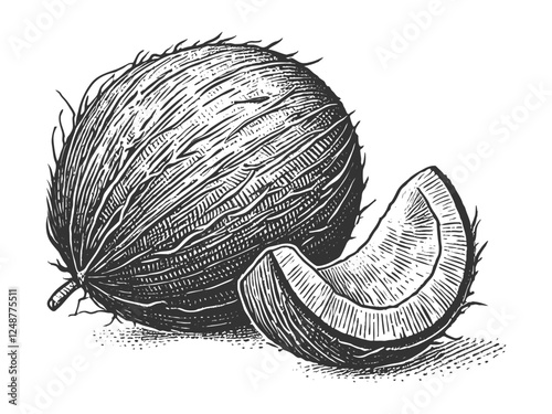 Coconut whole and sliced, a tropical fruit staple sketch engraving generative ai vector illustration. Scratch board imitation. Black and white image.