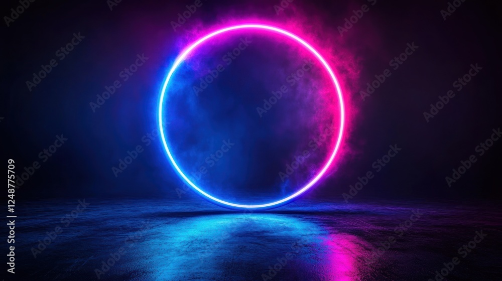 Glowing neon circle in smoky dark space. Glowing neon circle in smoky dark space.