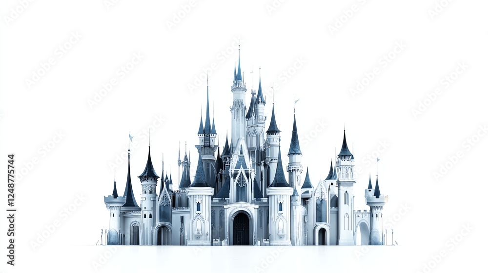 a fantasy castle theme park, towering spires, whimsical architecture, enchanted atmosphere, storybook style, isolated on white background a fantasy castle theme park, towering spires, whimsical architecture, enchanted atmosphere, storybook style, isolated on white background