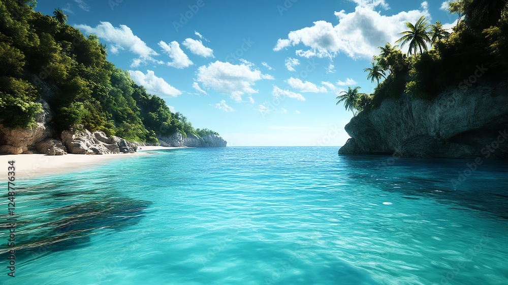 Fototapeta premium a hidden cove beach, crystalclear turquoise water, tropical jungle backdrop, photorealistic paradise, isolated on white background