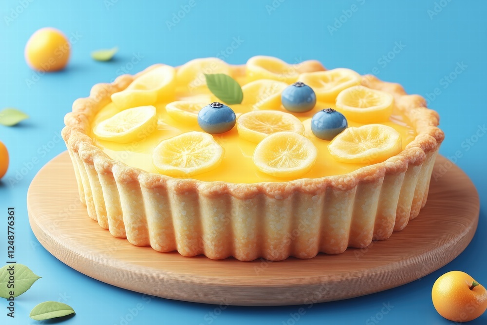 A beautifully arranged lemon tart topped with slices of lemon and blueberries, placed on a wooden board against a bright blue background. Fresh leaves and small fruits are scattered around. A beautifully arranged lemon tart topped with slices of lemon and blueberries, placed on a wooden board against a bright blue background. Fresh leaves and small fruits are scattered around.