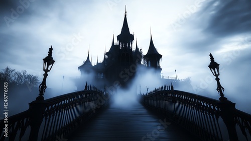 a horrorthemed park, eerie haunted house, fogcovered pathways, spooky decorations, dark and mysterious, isolated on white background photo