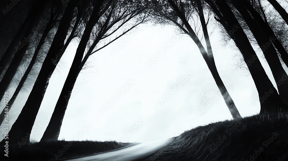 Obraz premium a road through a dense forest, tall trees arching over the path, mysterious and serene, moody lighting, isolated on white background