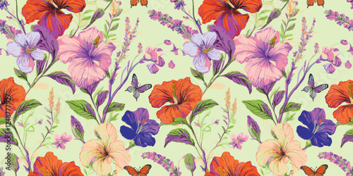 a floral pattern with hibiscus, carnations, and butterflies on a light background, likely intended for wallpaper or fabric design.