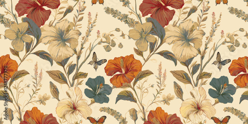 a floral pattern with hibiscus, carnations, and butterflies on a light background, likely intended for wallpaper or fabric design.