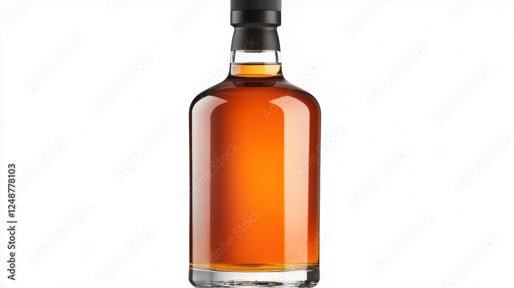 Classic amber whiskey bottle with black cap and clear glass base Classic amber whiskey bottle with black cap and clear glass base