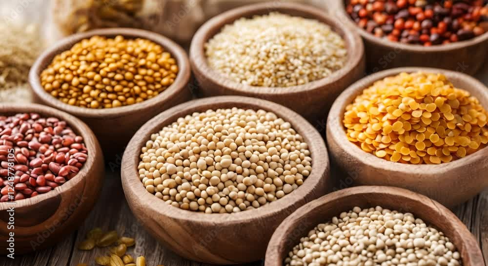 Assortment of Grains and Legumes in Wooden Bowls Assortment of Grains and Legumes in Wooden Bowls