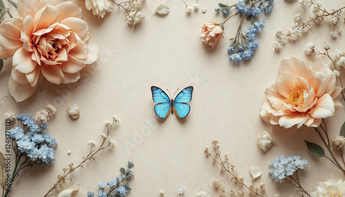 Wallpaper Mural Un arreglo plano con flores secas en varios tonos de beige y colores apagados, incluida una flor grande de color melocotón y flores más pequeñas de color blanco y azul Torontodigital.ca