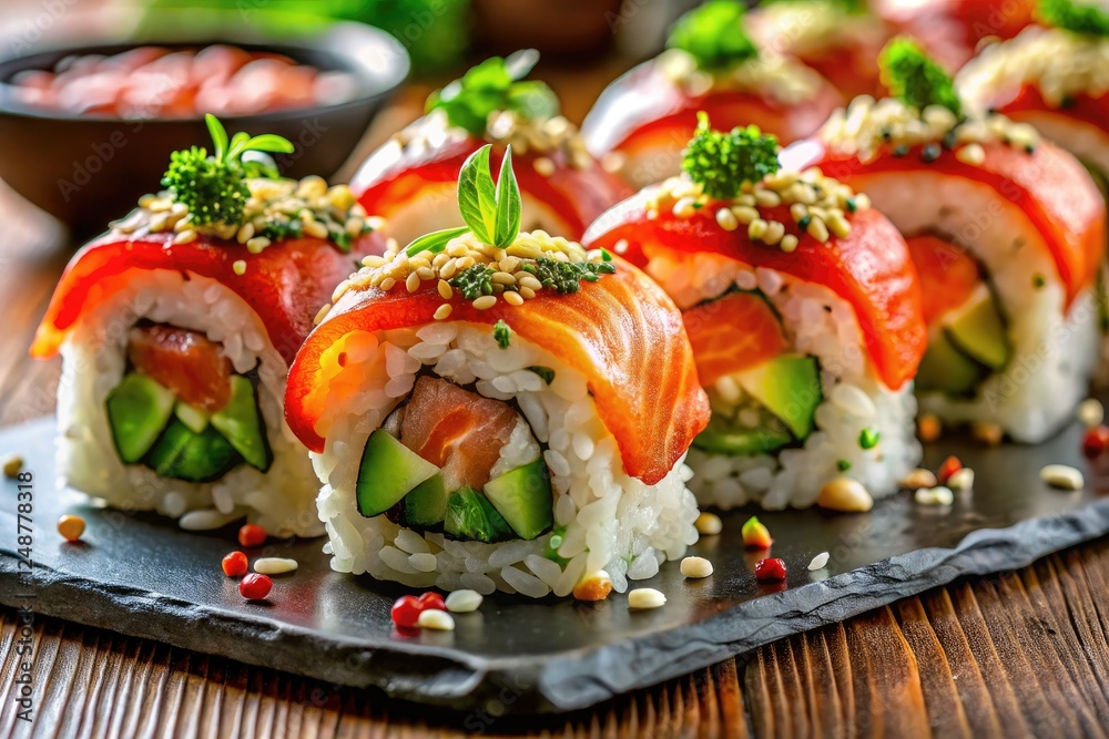 Close-up candid shots showcase vibrant red fish sushi rolls, a feast for the eyes and taste buds. Close-up candid shots showcase vibrant red fish sushi rolls, a feast for the eyes and taste buds.