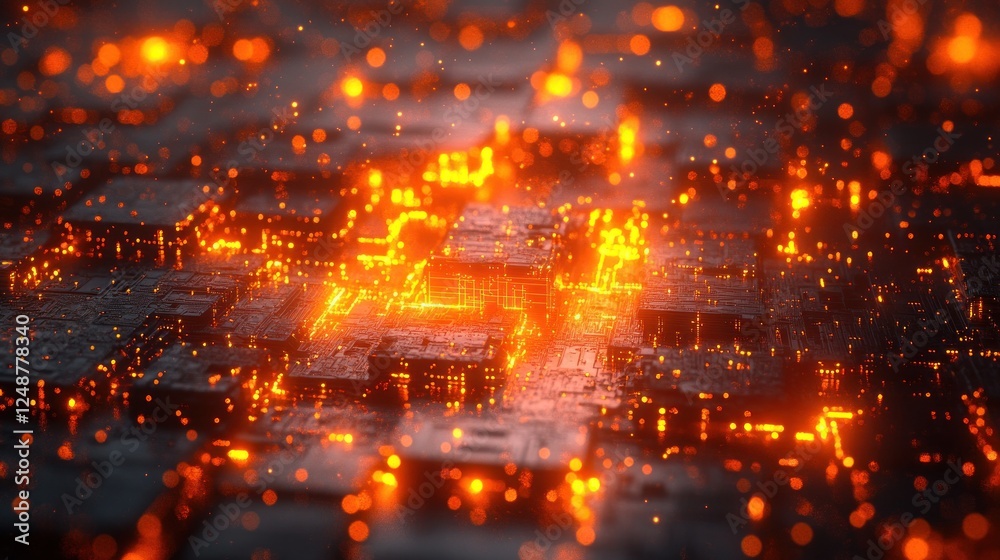 Glowing orange energy flows through a complex circuit board. Glowing orange energy flows through a complex circuit board.