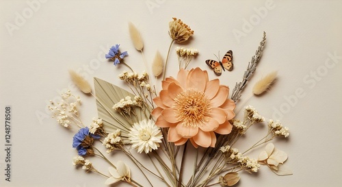 Un arreglo plano con flores secas en varios tonos de beige y colores apagados, incluida una flor grande de color melocotón y flores más pequeñas de color blanco y azul