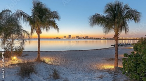 Serene Sunset over Sarasota Bay: Palms, Beach, and City Skyline