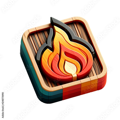 3D colorful fire icon with wooden texture isolated on white background