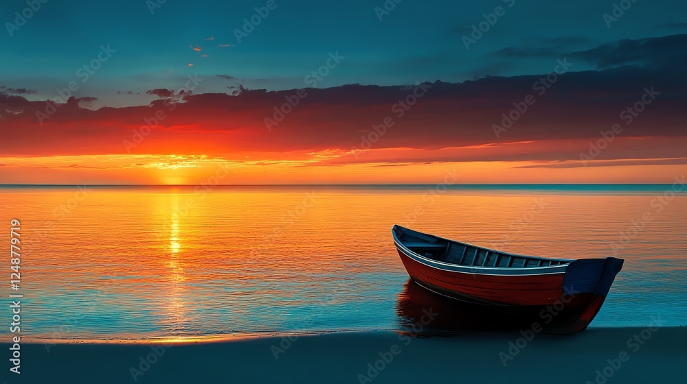 A wooden fishing boat resting on a peaceful shore, sunrise casting golden reflections on the calm sea, nostalgic coastal charm, highly detailed A wooden fishing boat resting on a peaceful shore, sunrise casting golden reflections on the calm sea, nostalgic coastal charm, highly detailed