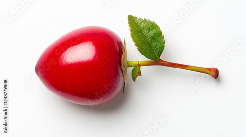 Red Strawberry with Green Leaves and Stem on Isolated White Background. Generative AI photo