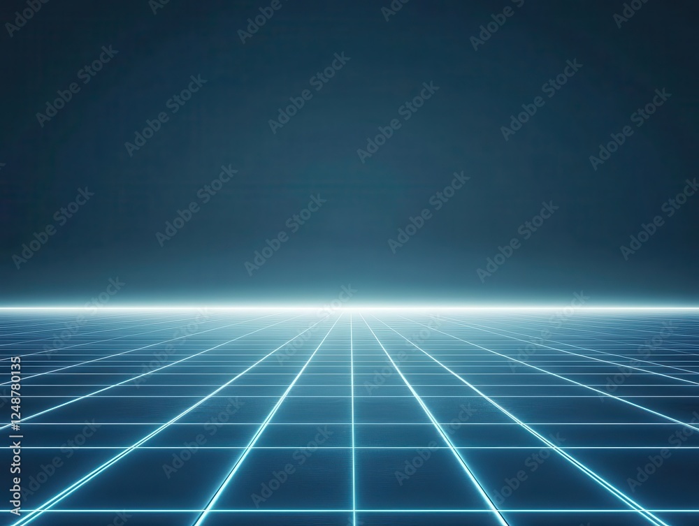 Futuristic grid landscape with glowing lines against a dark backdrop, symbolizing digital innovation and virtual spaces. podium concept of digital tech blue light background.