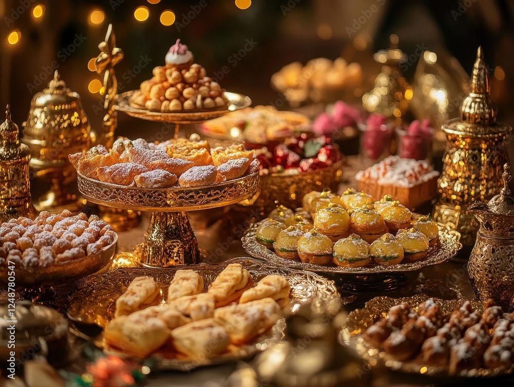 Assortment of Golden Plated Pastries and Cakes on a Table Assortment of Golden Plated Pastries and Cakes on a Table