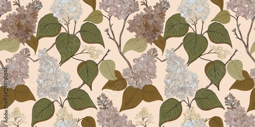 Repeating pattern of lilac flowers and green leaves on a light beige background.