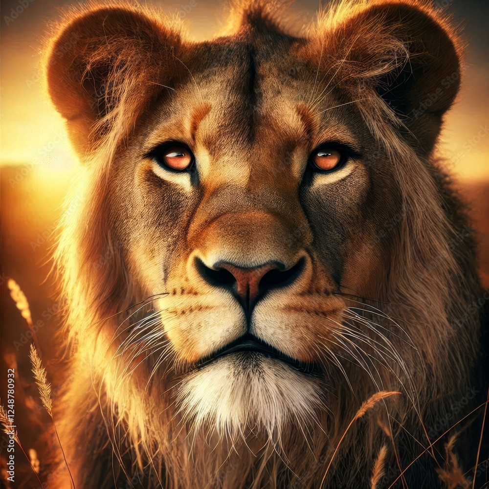 Naklejka premium A close-up of a majestic lioness in a natural savannah. 