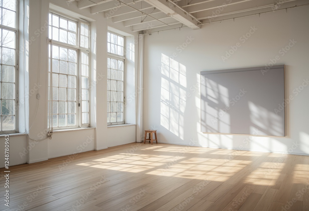 Brightly lit empty studio room with large windows casting shadows on the wooden floor and white walls creating a minimalist aesthetic Brightly lit empty studio room with large windows casting shadows on the wooden floor and white walls creating a minimalist aesthetic