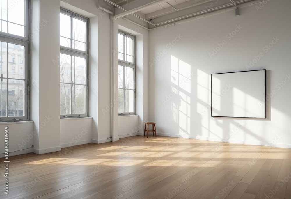 Brightly lit empty studio room with large windows casting shadows on the wooden floor and white walls creating a minimalist aesthetic Brightly lit empty studio room with large windows casting shadows on the wooden floor and white walls creating a minimalist aesthetic