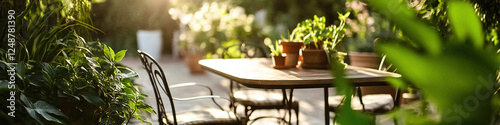 Outdoor Patio Table with Metal Chairs and Potted Plants