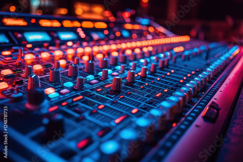 professional mixing console with many buttons, controls, equalizers and luminous indicators, creating the atmosphere of a music studio or concert hall.  