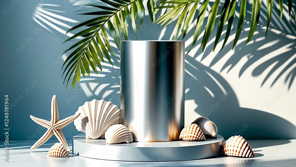 Obraz premium Silver Podium with Seashells, Summer Product Display