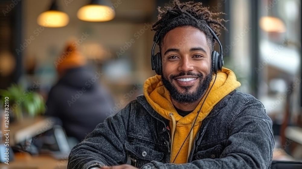 Friendly Customer Service Representative at Desk with Headset Friendly Customer Service Representative at Desk with Headset