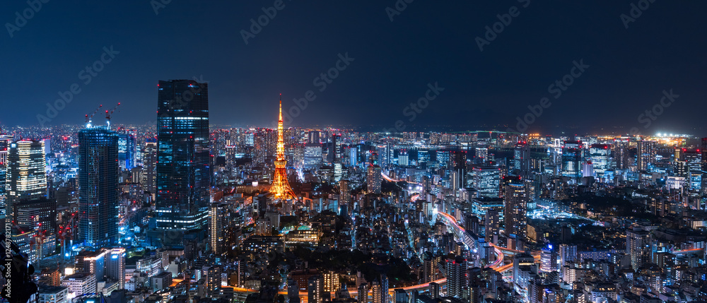 Obraz premium Panoramic view of Tokyo central area with Tokyo tower at night