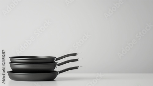 A set of non-stick frying pans in different sizes, stacked neatly on a clean white background.