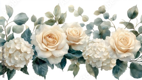 Elegant Beige Roses and Hydrangeas in a Watercolor Floral Arrangement. Generative AI