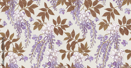 a repeating pattern of lilac flowers and leaves in shades of purple, green, and white against a light purple background. Lilacs are deciduous shrubs or small trees known for their fragrant flowers tha