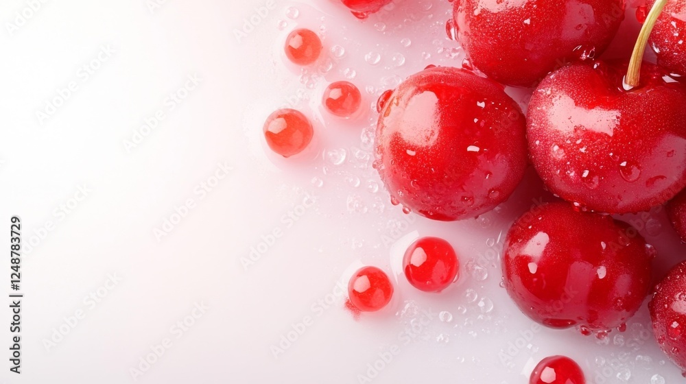 Close-Up of Wet Red Cherries Scattered on White Background. Generative AI Close-Up of Wet Red Cherries Scattered on White Background. Generative AI