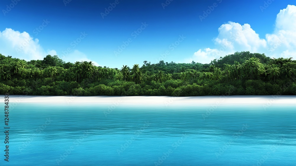 Exotic tropical beach, dense jungle backdrop, blue water, 3D illustration