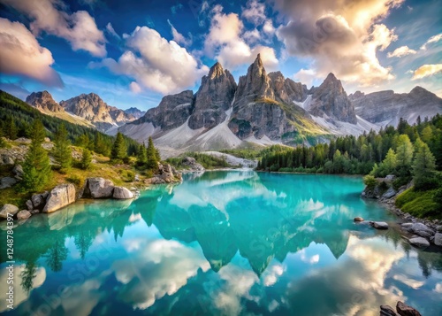 Dolomites' Lago di Sorapis: a stunning summer morning panorama.