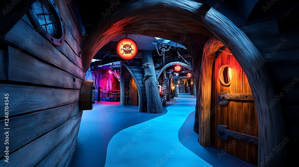 Fantasy piratethemed ride entrance, wooden ship decor, torches glowing, adventurous and immersive theme park design Fantasy piratethemed ride entrance, wooden ship decor, torches glowing, adventurous and immersive theme park design