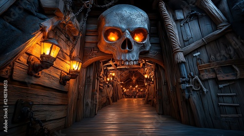Fantasy piratethemed ride entrance, wooden ship decor, torches glowing, adventurous and immersive theme park design