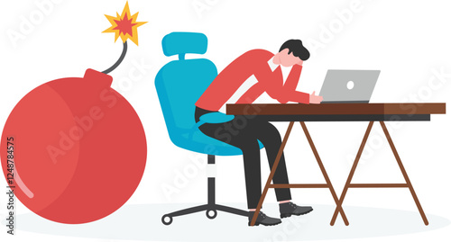 Description Businessman sits relaxed in his chair, oblivious to the hand igniting a bomb behind him

