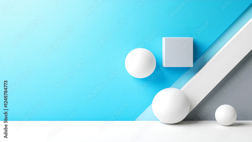 Minimalist design with spheres and a cube on a blue and gray backdrop with copy space Minimalist design with spheres and a cube on a blue and gray backdrop with copy space