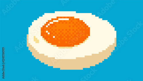 Pixel art of half an egg. Boiled egg in 8-bit video game style. Vector illustration of food on blue background.