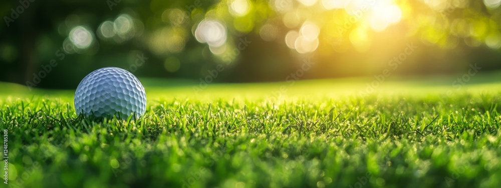Golf ball on green grass, sunlit course background Golf ball on green grass, sunlit course background