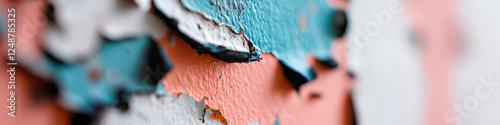 Close-up of Peeling Paint on Textured Surface: Coral, White, and Teal photo