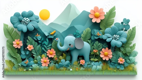 Playful elephant surrounded by colorful flowers and lush greenery in a vibrant landscape